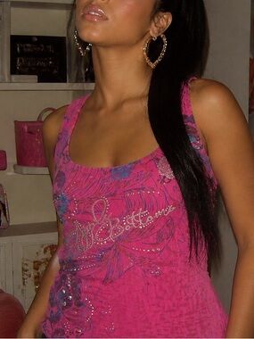 Vintage Y2K Apple Bottoms Pink Graphic Tank Top M Rhinestone Bling Streetwear